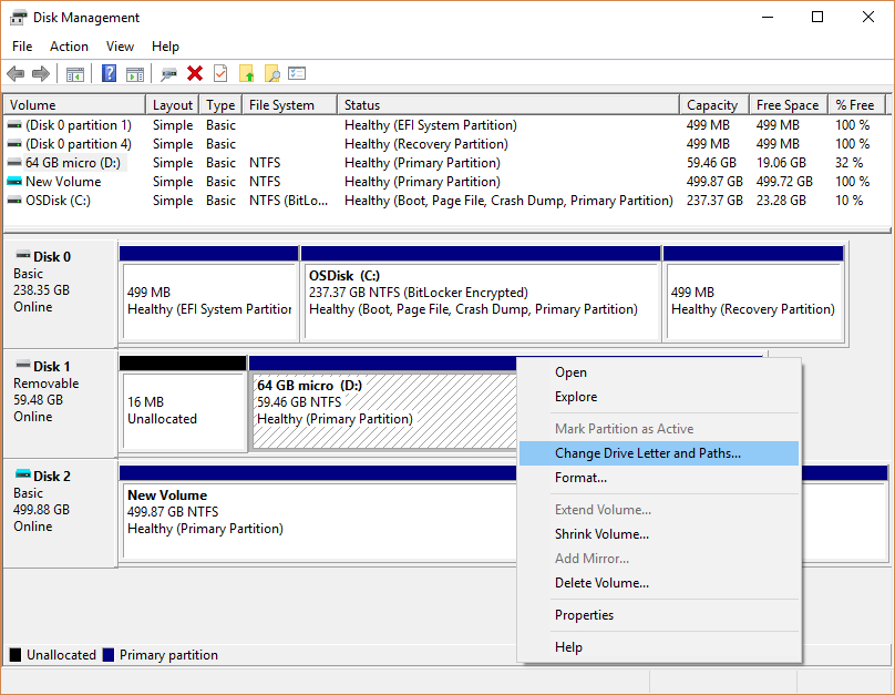 Change Drive Letter in Disk Management