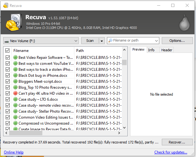 Recuva Data Recovery screen